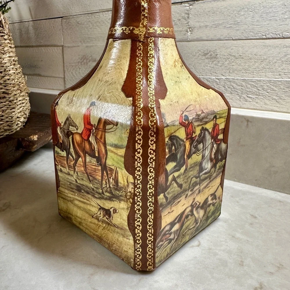 VINTAGE, GENUINE ITALIAN LEATHER-WRAPPED, EMPTY, GLASS LIQUOR DECANTER.
